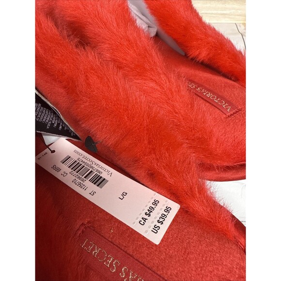 Victoria Secret Black Plush Faux Fur Slippers Pink Logo sz L - Picture 5 of 6